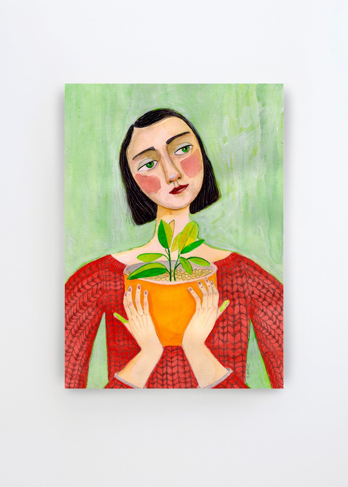 Woman Holding Green Plant by Sharyn Bursic – colorful figurative art poster featuring a woman in a red sweater holding an orange pot with a green plant.