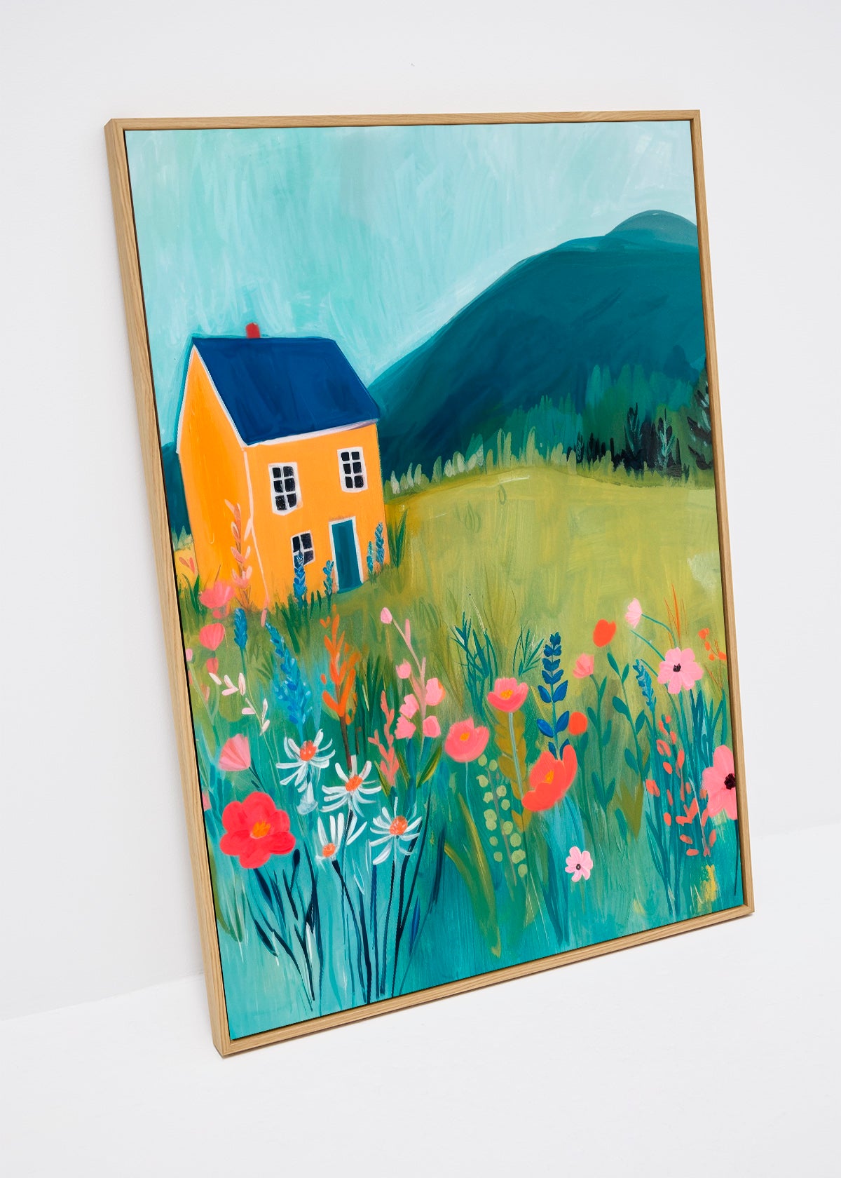 Yellow House canvas print – colorful summer landscape with wildflowers