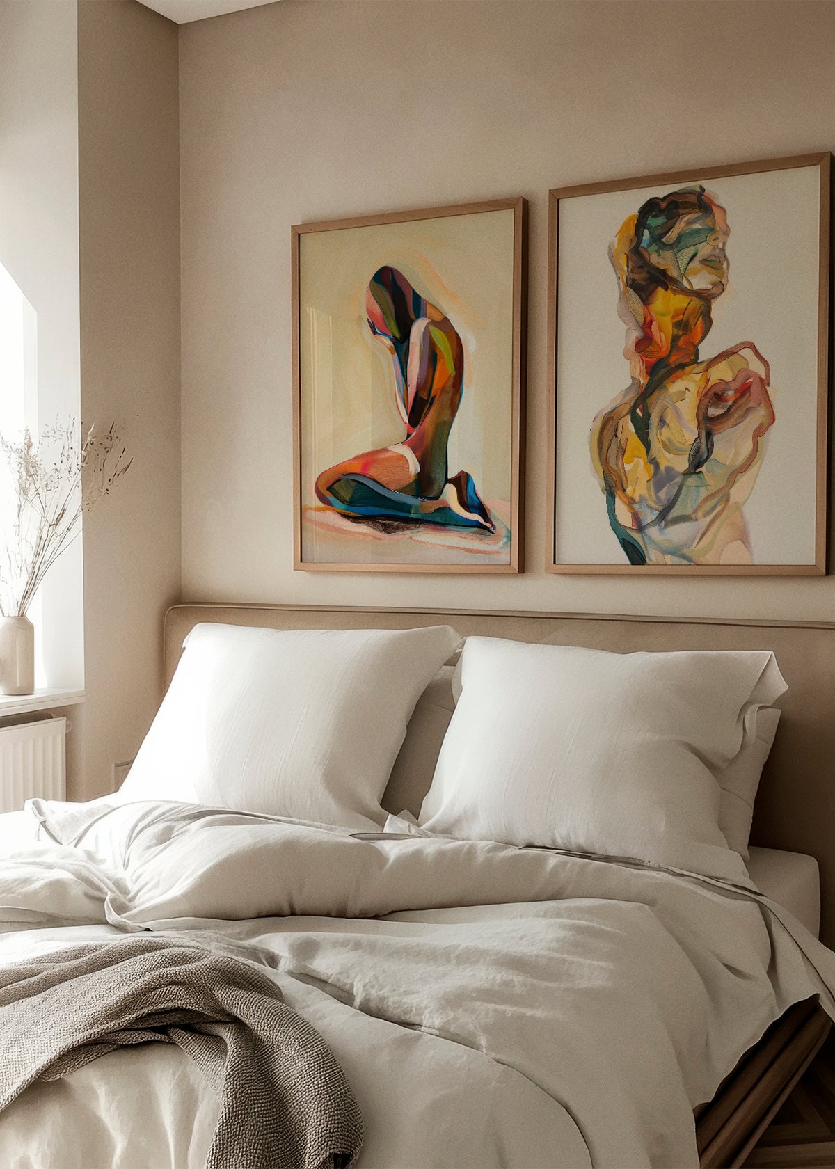 beautilful creature and body color Beautiful Creature poster hanging above a neutral bed setup – modern bedroom decor with soft tones and expressive abstract art.