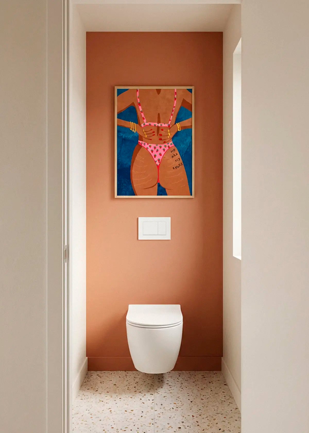 My Ass My Rules poster styled above the toilet in a bold, modern Scandinavian bathroom