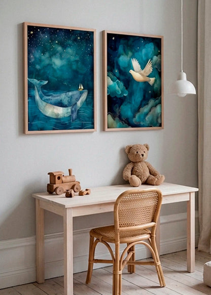 One Big Friend and One Small Friend posters styled in a calm Scandinavian kids room