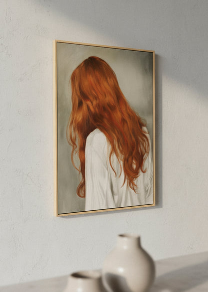 “Red Hair” canvas print featuring a woman with long auburn hair in a white shirt, displayed in a minimalist room with soft natural light.