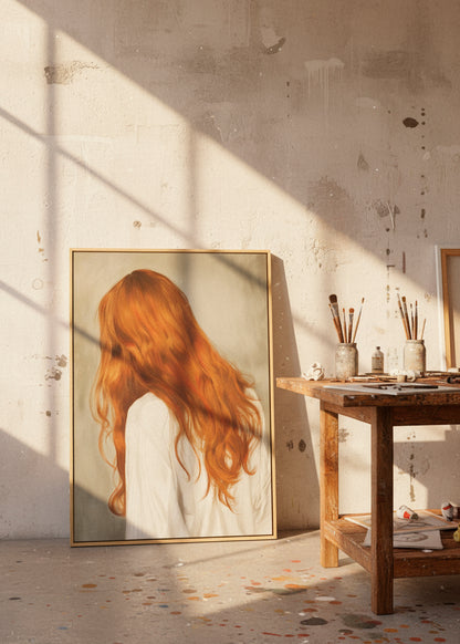 Framed “Red Hair” canvas leaning against a textured wall in an artist’s studio with paintbrushes and soft morning light.