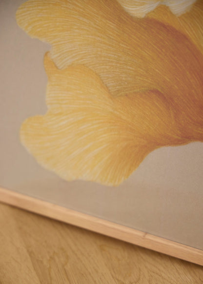 Close-up of Shape no. 60 poster from HelloPoster in oak frame, featuring abstract yellow flowing shapes on neutral background