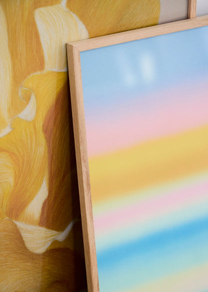 Shape no. 60 poster from HelloPoster in oak frame, yellow abstract artwork styled next to colorful poster: The other posters name is Layers