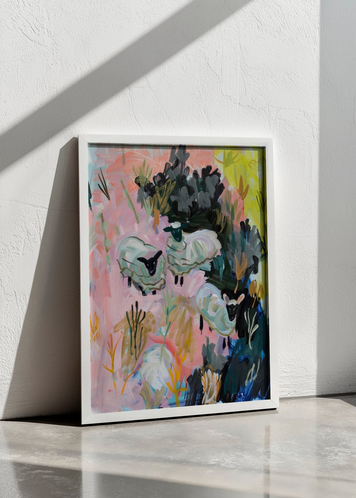 Sheep Farm - HelloPoster - Framed Sheep Farm poster leaning against a wall in bright natural light