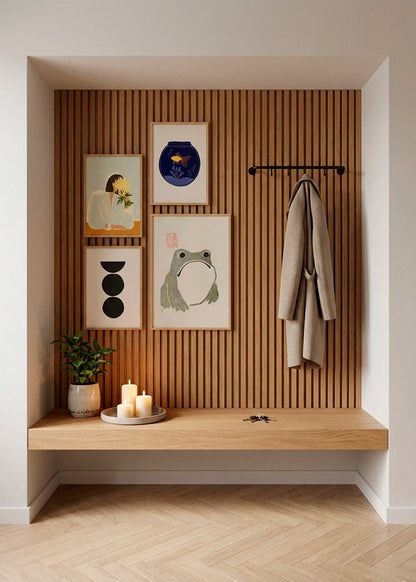 The Chrysanthemum, Fishy, Boulder and Grumpy Frog posters styled as a gallery wall in a modern Scandinavian entryway