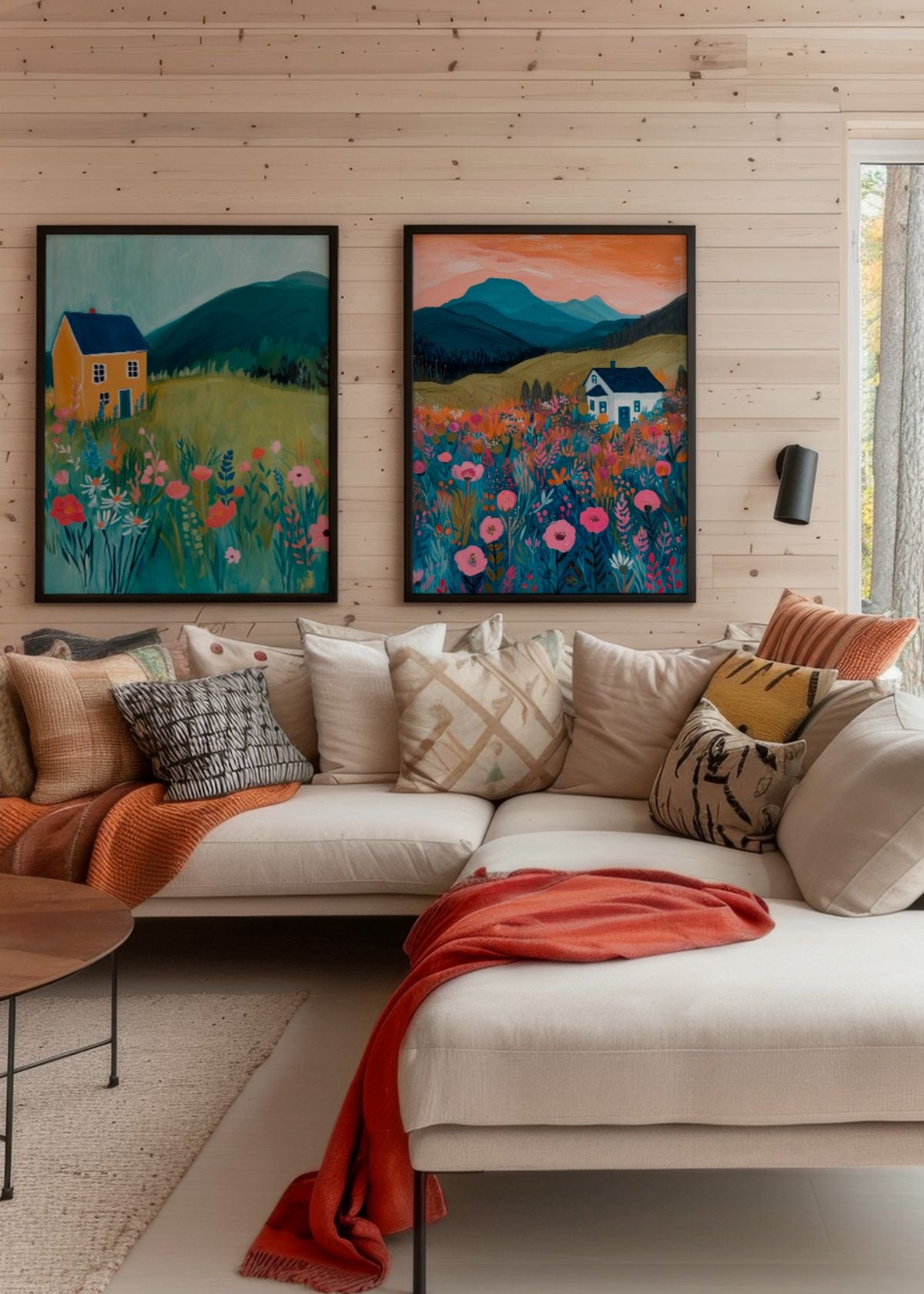 Framed posters “Yellow House” and “White House” hanging in a cozy Scandinavian living room with neutral furniture and warm orange accents. The artworks depict colorful countryside houses surrounded by blooming fields and mountains.